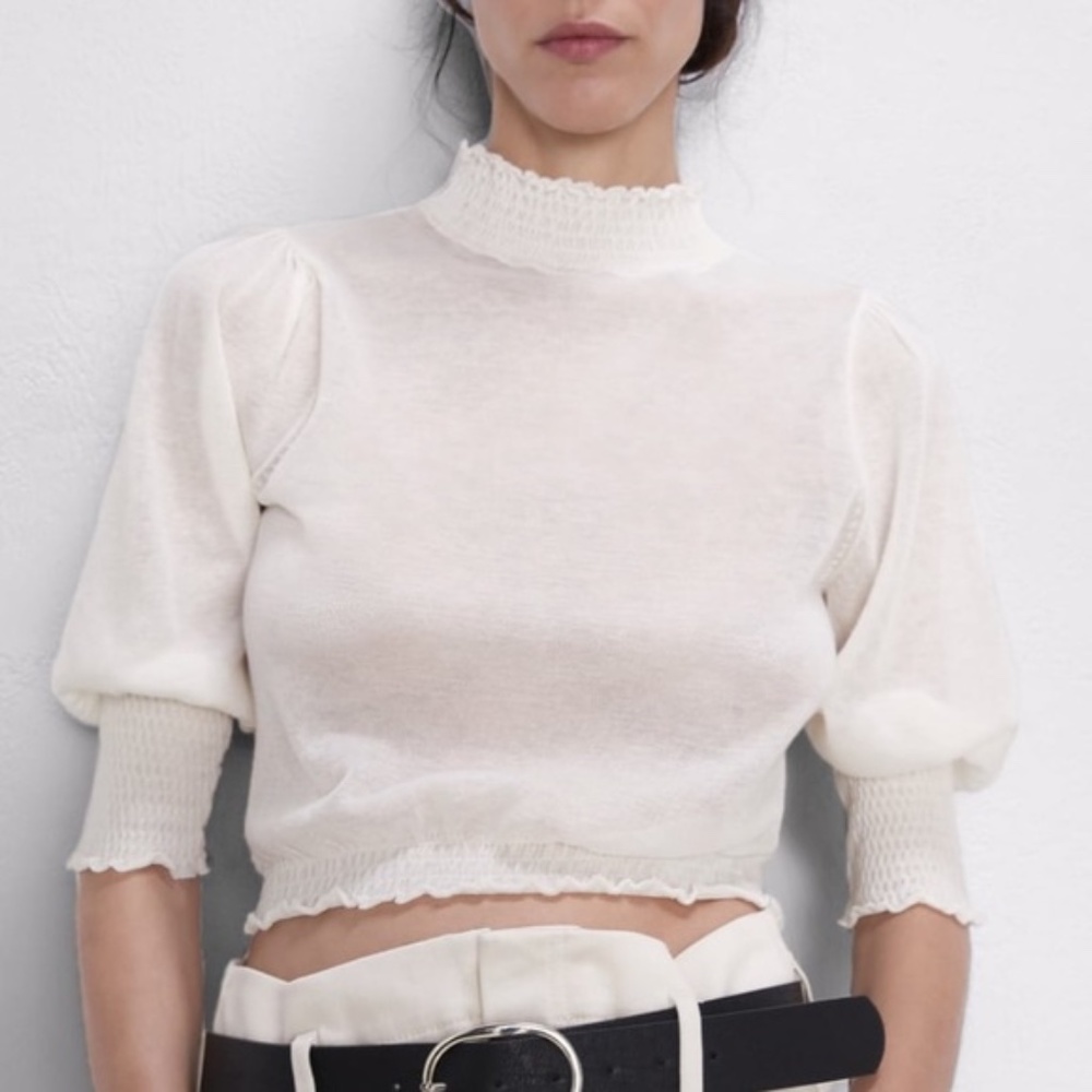 NWT ZARA KNIT CROP TOP BLOUSE | S | WHITE